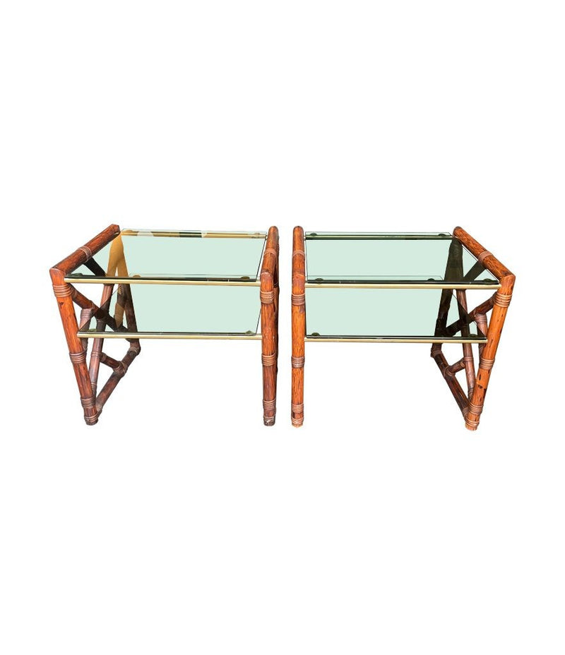 Mid century bamboo bedside tables or side tables Italian 1970s with green smoked glass