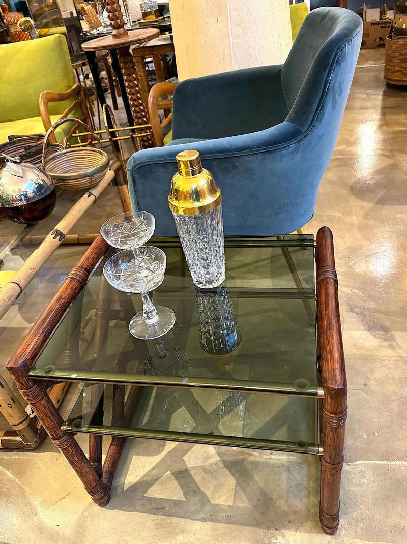 Mid century bamboo bedside tables or side tables Italian 1970s with green smoked glass