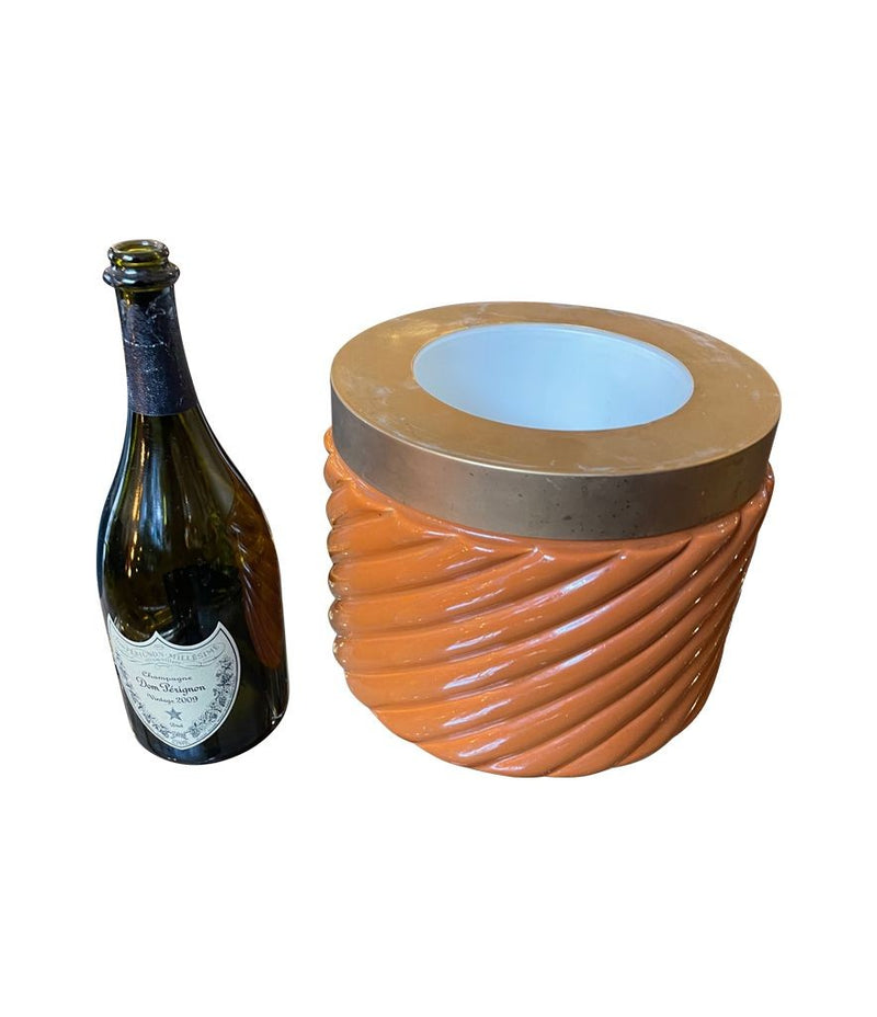 Gigantic Italian 1970s glazed ceramic and brass ice bucket by Tommaso Barbi