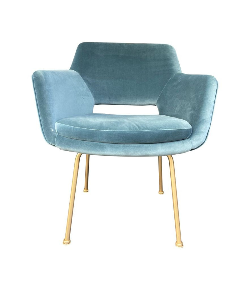 Mid Century Italian chairs with gilt metal legs and blue velvet fabric 1970s