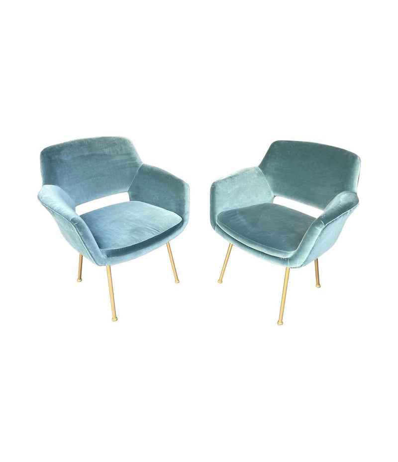 Mid Century Italian chairs with gilt metal legs and blue velvet fabric 1970s