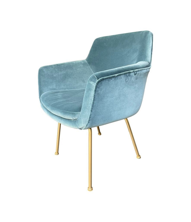 Mid Century Italian chairs with gilt metal legs and blue velvet fabric 1970s