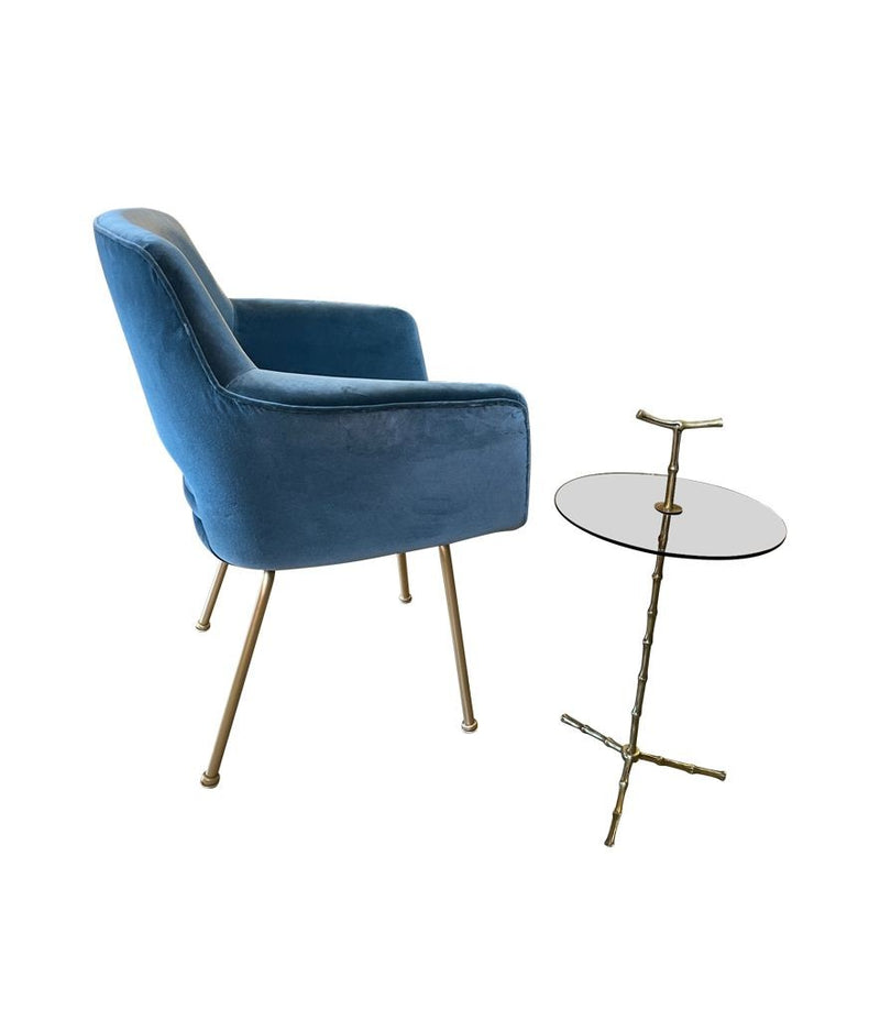 Mid Century Italian chairs with gilt metal legs and blue velvet fabric 1970s