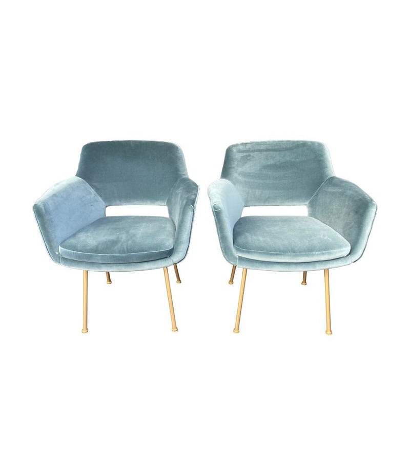 Mid Century Italian chairs with gilt metal legs and blue velvet fabric 1970s