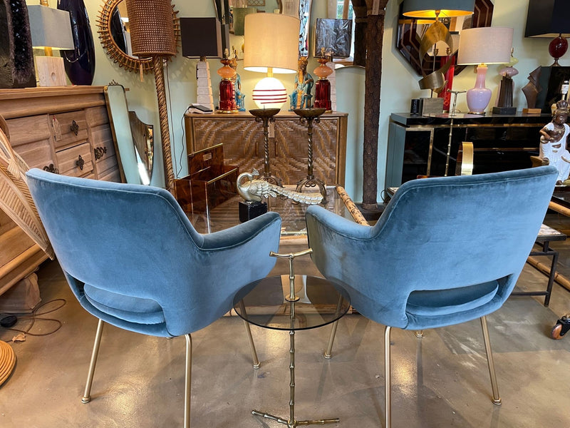 Mid Century Italian chairs with gilt metal legs and blue velvet fabric 1970s