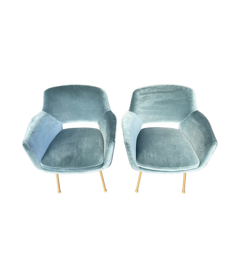 Mid Century Italian chairs with gilt metal legs and blue velvet fabric 1970s