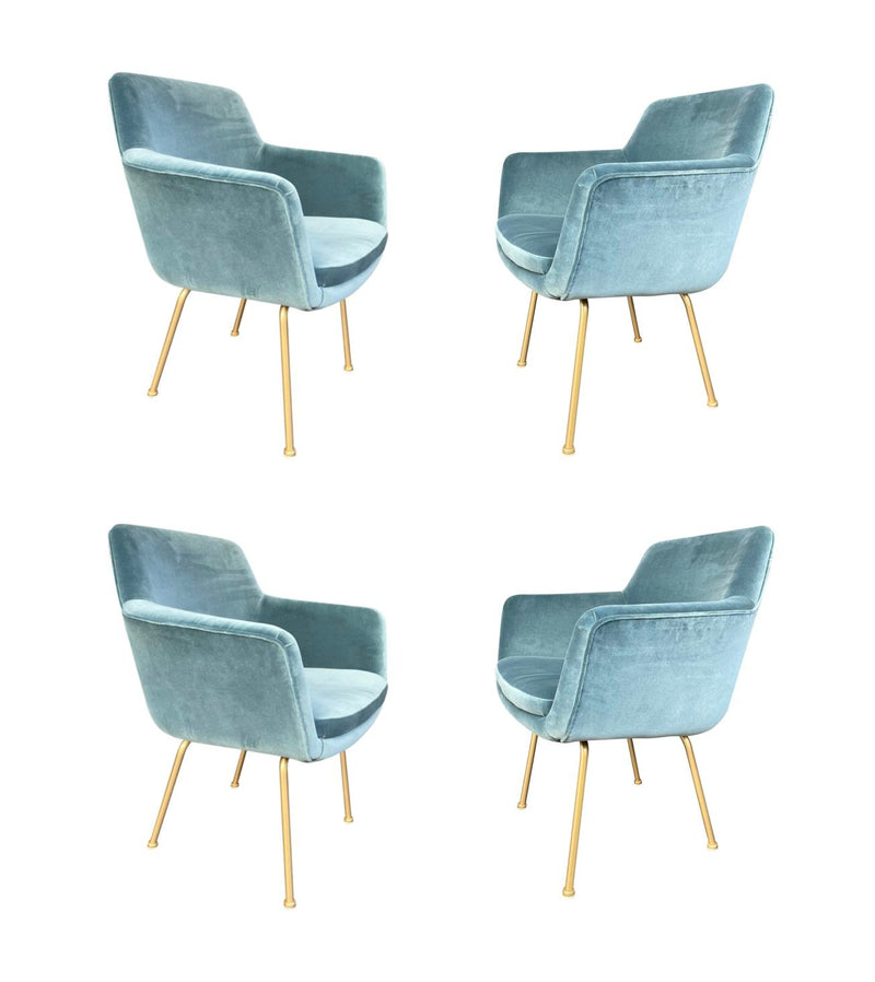 Mid Century Italian chairs with gilt metal legs and blue velvet fabric 1970s