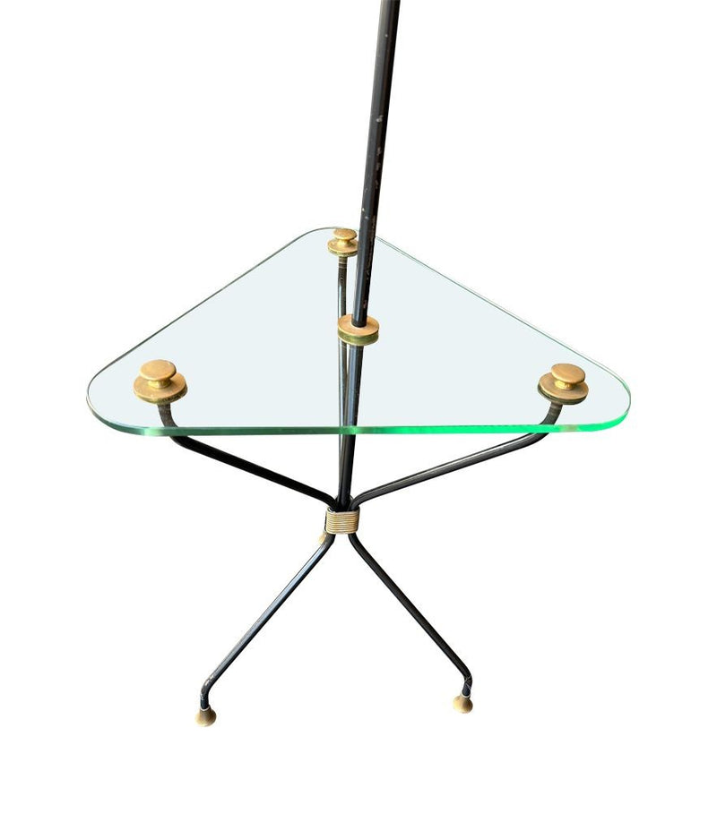 Mid century floor lamp black lacquer and brass tripod design with glass centre table - French - 1950s - Mid Century Lighting