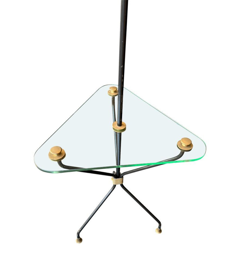 Mid century floor lamp black lacquer and brass tripod design with glass centre table - French - 1950s - Mid Century Lighting