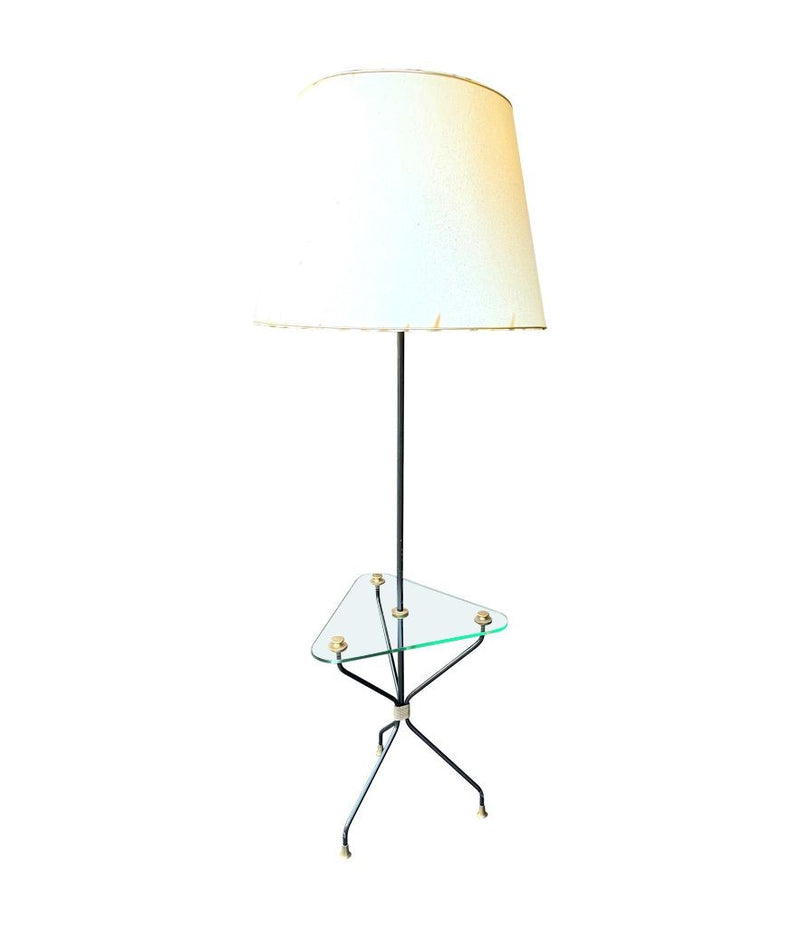 Mid century floor lamp black lacquer and brass tripod design with glass centre table - French - 1950s - Mid Century Lighting