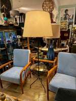 Mid century floor lamp black lacquer and brass tripod design with glass centre table - French - 1950s - Mid Century Lighting