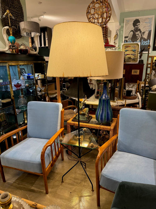 Mid century floor lamp black lacquer and brass tripod design with glass centre table - French - 1950s - Mid Century Lighting