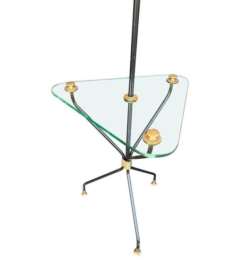 Mid century floor lamp black lacquer and brass tripod design with glass centre table - French - 1950s - Mid Century Lighting