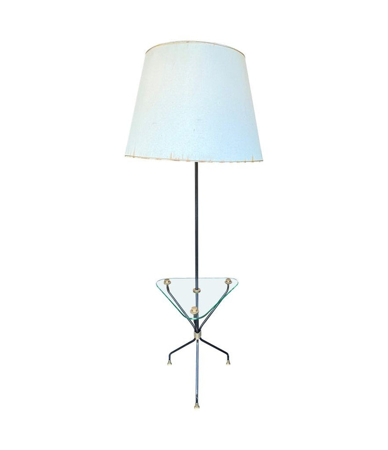 Mid century floor lamp black lacquer and brass tripod design with glass centre table - French - 1950s - Mid Century Lighting
