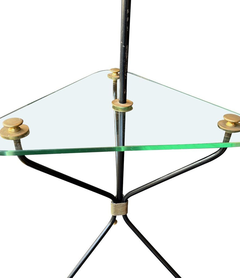 Mid century floor lamp black lacquer and brass tripod design with glass centre table - French - 1950s - Mid Century Lighting