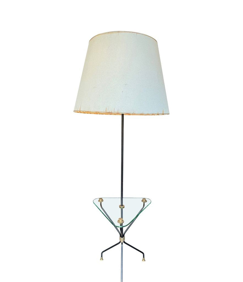 Mid century floor lamp black lacquer and brass tripod design with glass centre table - French - 1950s - Mid Century Lighting