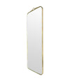 Mid century brass framed mirror with slim profile and scroll top detail