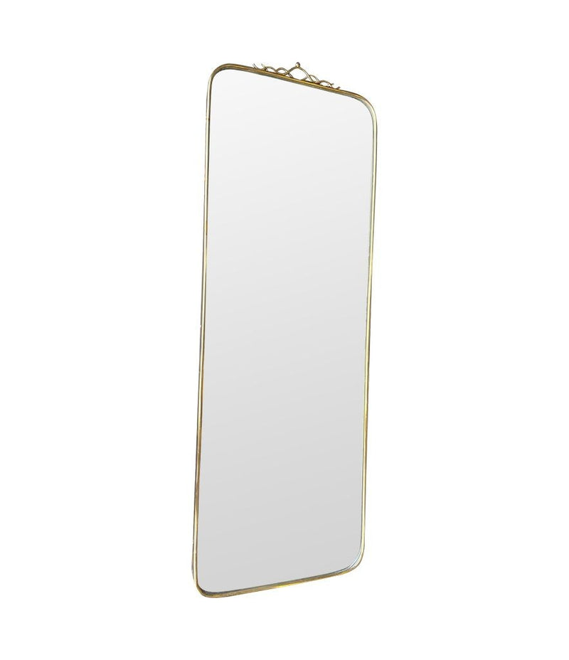 Mid century brass framed mirror with slim profile and scroll top detail