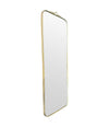 Mid century brass framed mirror with slim profile and scroll top detail