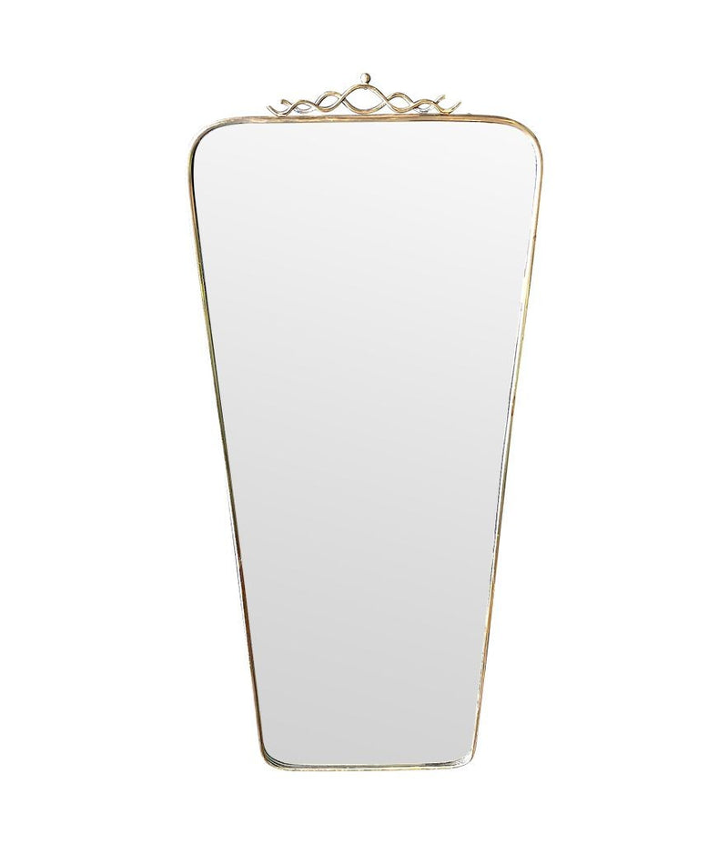 Mid century brass framed mirror with slim profile and scroll top detail