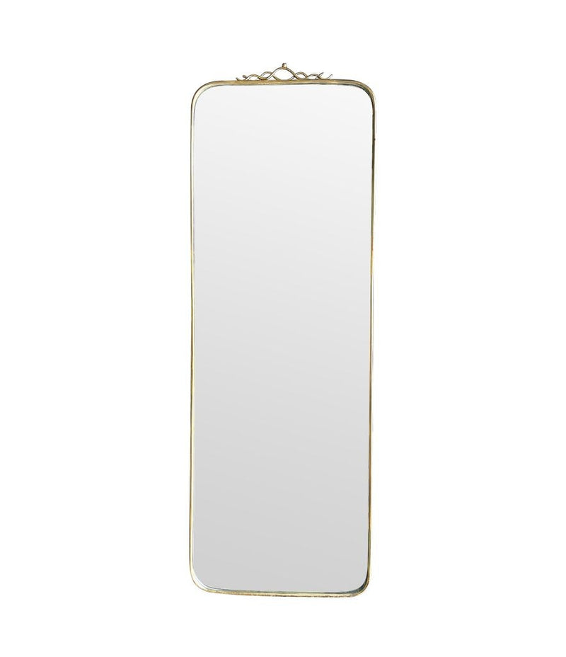 Mid century brass framed mirror with slim profile and scroll top detail