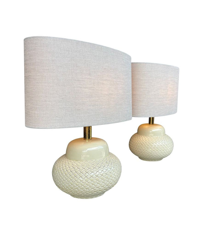 Mid Century Table lamps by Tommaso Barbi - cream ceramic and brass - 1970s