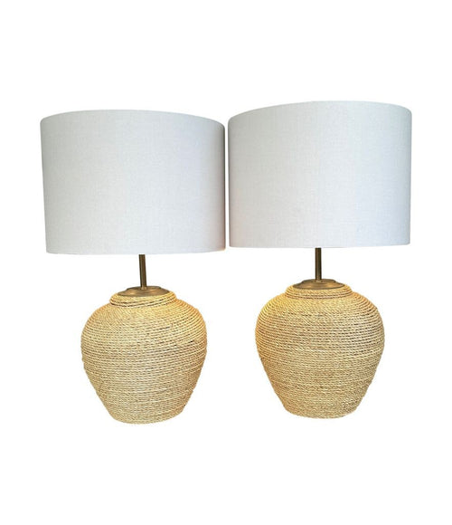 Mid century table lamps Italian riviera woven rope with bronze fittings 1950s - Mid century table lamps