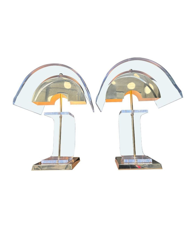 Vintage table lamps 1980s lucite and brass lamp with curved lucite shades and bases