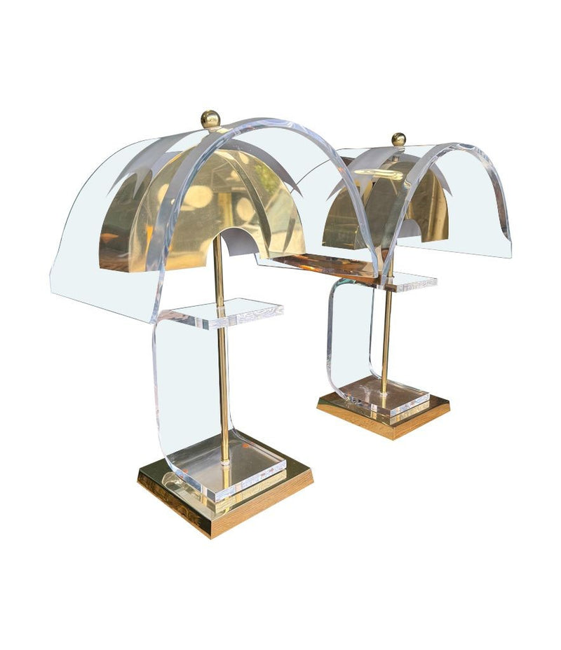 Vintage table lamps 1980s lucite and brass lamp with curved lucite shades and bases