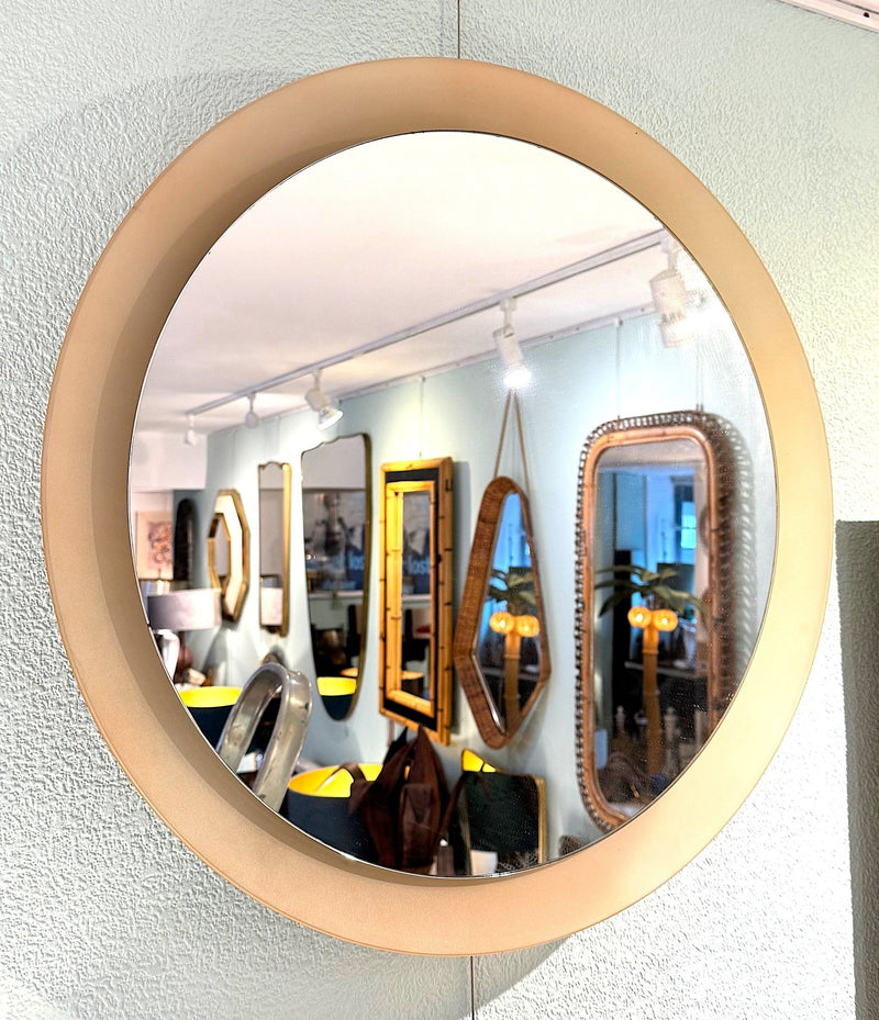 Large pink concave framed circular mirror in style of Max Ingrand for Fontana Arte