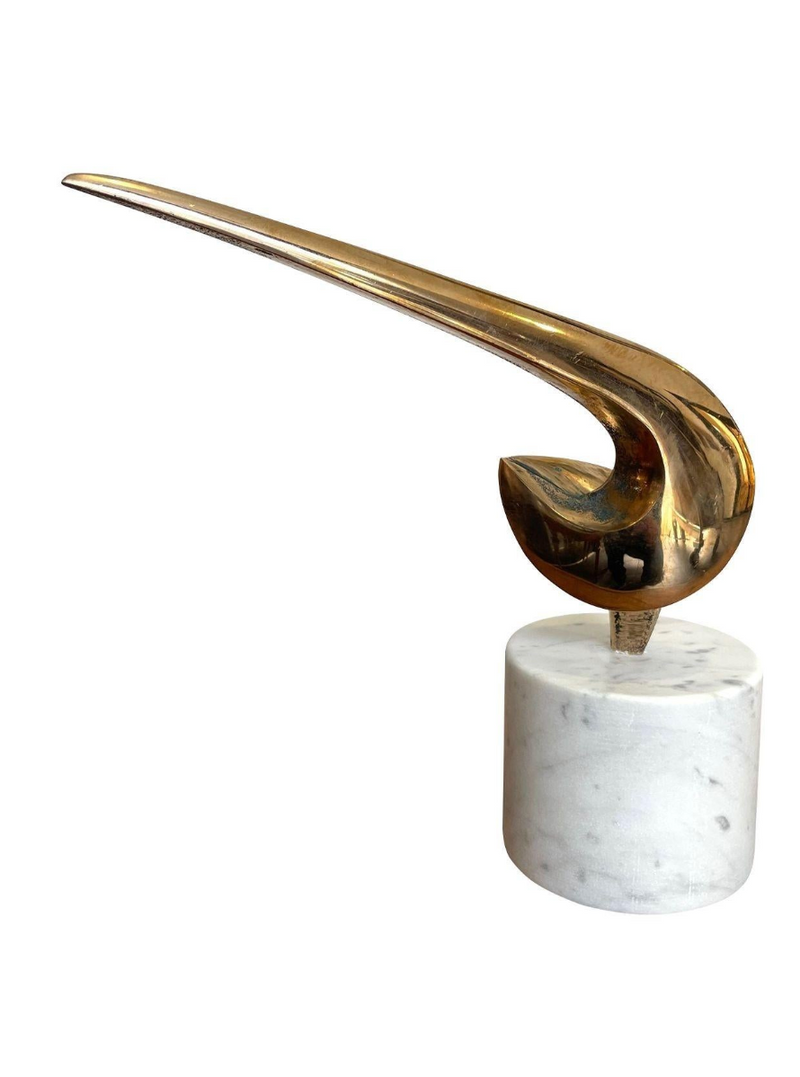 An Italian midcentury abstract 1960s bronze sculpture mounted on a circular Carrara marble base.