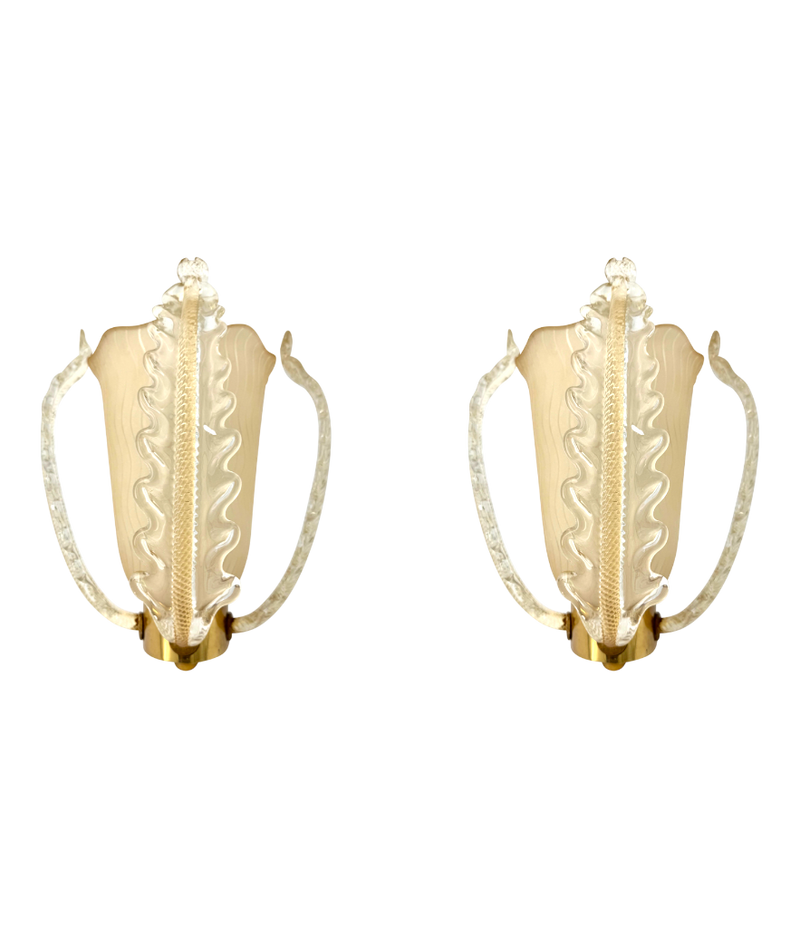 A wonderful pair of 1950s Murano glass and brass wall sconces by Barovier and Toso