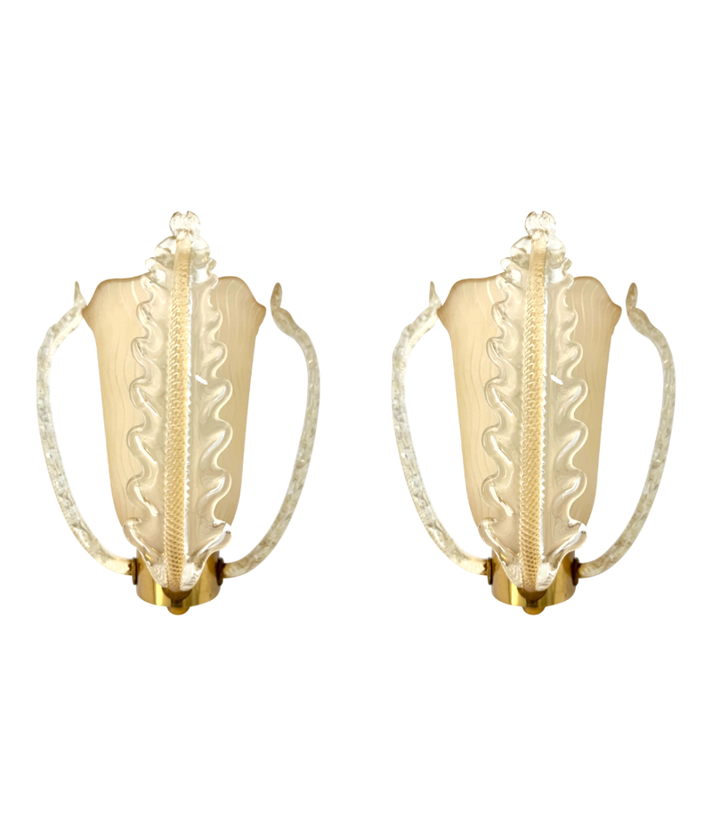A wonderful pair of 1950s Murano glass and brass wall sconces by Barovier and Toso