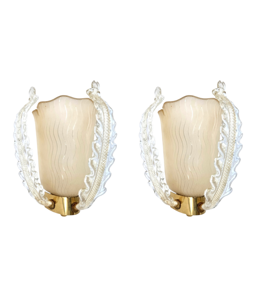 A wonderful pair of 1950s Murano glass and brass wall sconces by Barovier and Toso