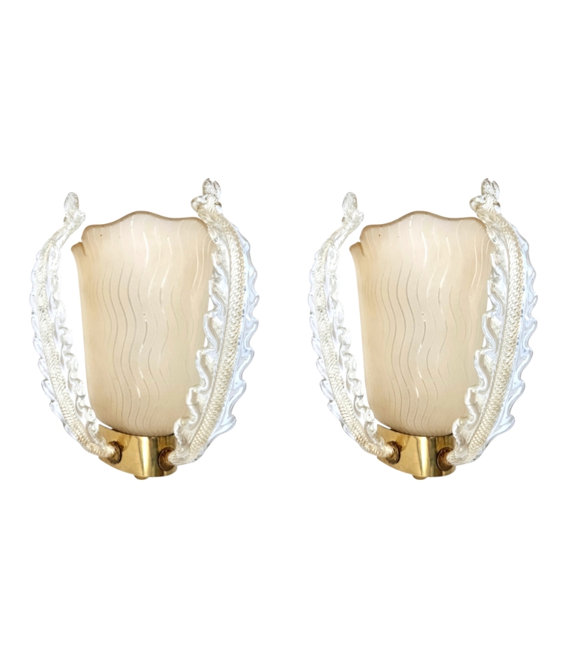 A wonderful pair of 1950s Murano glass and brass wall sconces by Barovier and Toso