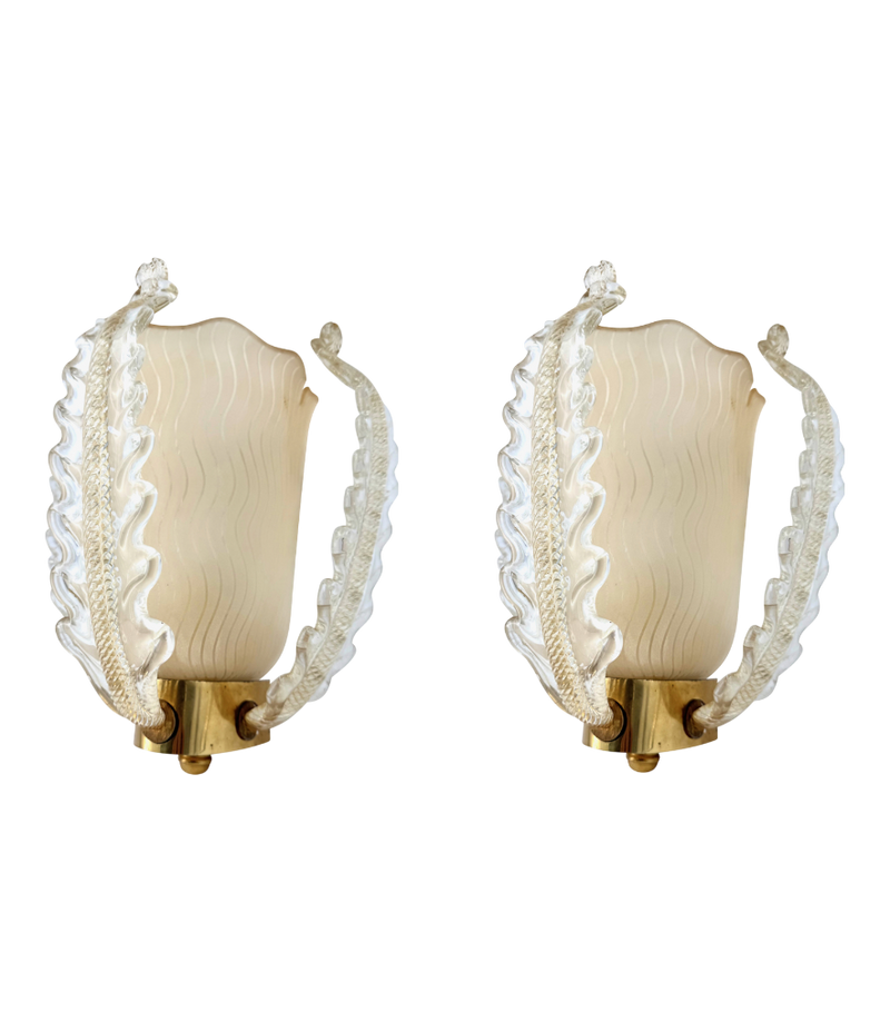 A wonderful pair of 1950s Murano glass and brass wall sconces by Barovier and Toso