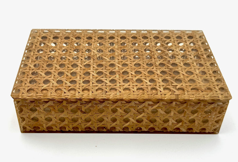 Mid century woven rattan boxes Gabriella Crespi Style Italian 1970s Lucite