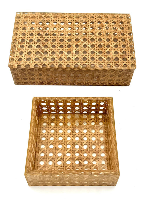 Mid century woven rattan boxes Gabriella Crespi Style Italian 1970s Lucite