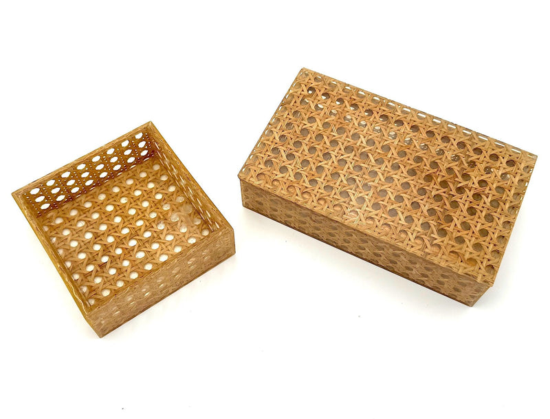 Mid century woven rattan boxes Gabriella Crespi Style Italian 1970s Lucite