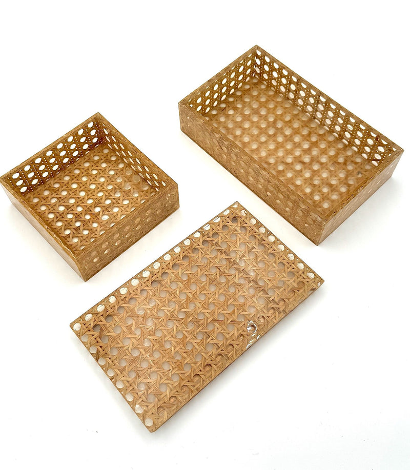 Mid century woven rattan boxes Gabriella Crespi Style Italian 1970s Lucite