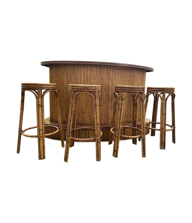 French 1970s bamboo bar with four original matching bamboo bar stools - Vintage Bar - Mid Century Bar