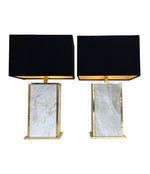 A pair of Italian 1970s Carrera Marble table lamps with gilt metal trim and new bespoke black and gold shades