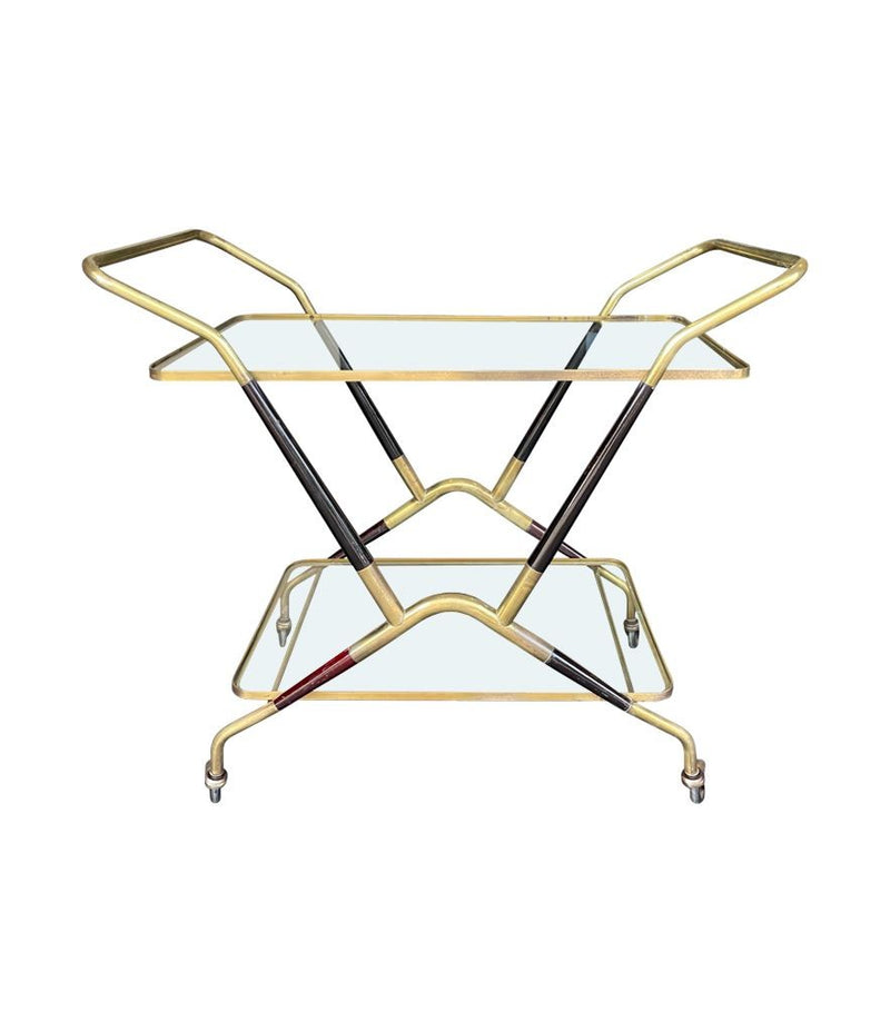 A 1950S BLACK LACQUER AND BRASS BAR CART / TROLLEY BY CESARE LACCA