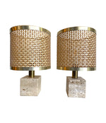 Mid Century lighting - Travertine Table Lamps - 1970s - Italian - Fratelli Mannelli - Rattan Shades - Antique Shop London