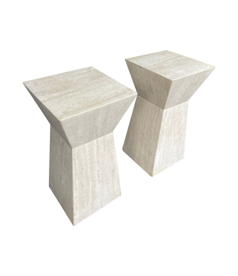 A pair of interesting shaped Italian 1970s travertine pedestals / bedside tables