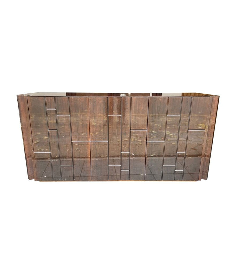 A Luciano Frigerio credenza sideboard with burl-wood top and geometric patterned doors - Mid Century Sideboard