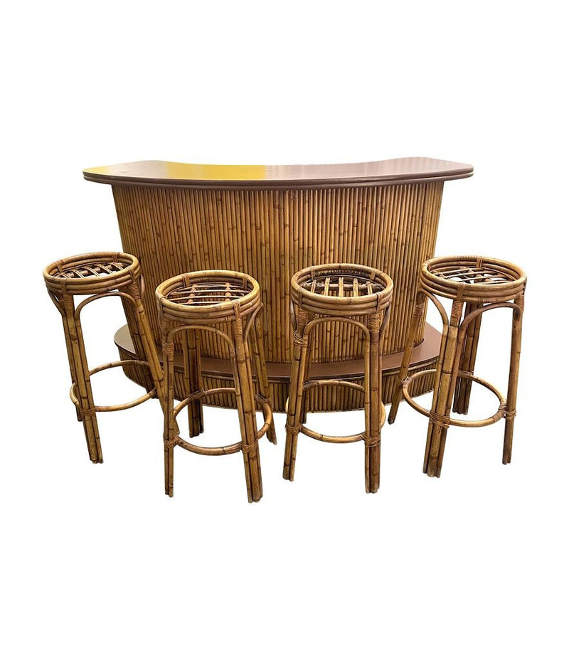 French 1970s bamboo bar with four original matching bamboo bar stools - Vintage Bar - Mid Century Bar