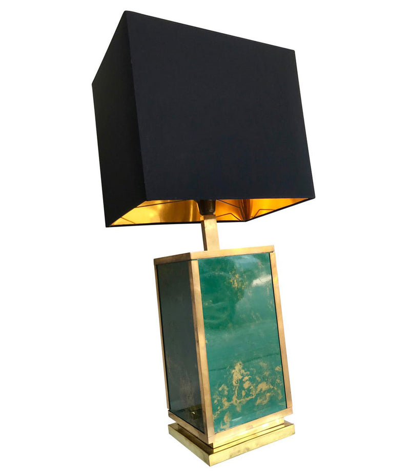 1970S LARGE ITALIAN GREEN GLASS AND BRASS LAMP WITH BLACK AND GOLD SHADE