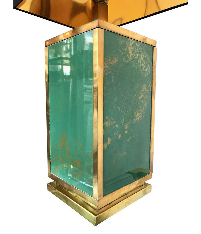 1970S LARGE ITALIAN GREEN GLASS AND BRASS LAMP WITH BLACK AND GOLD SHADE