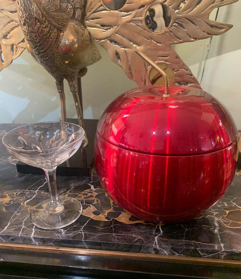 1970S CHERRY ICE BUCKET BY DAYDREAM IN ANODISED VIBRANT RED WITH BRASS HANDLE